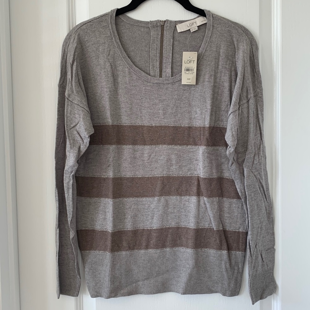 NWT LOFT Gray/Brown Sparkle Stripe Drop Shoulder Long Sleeves Knit Top Size MP